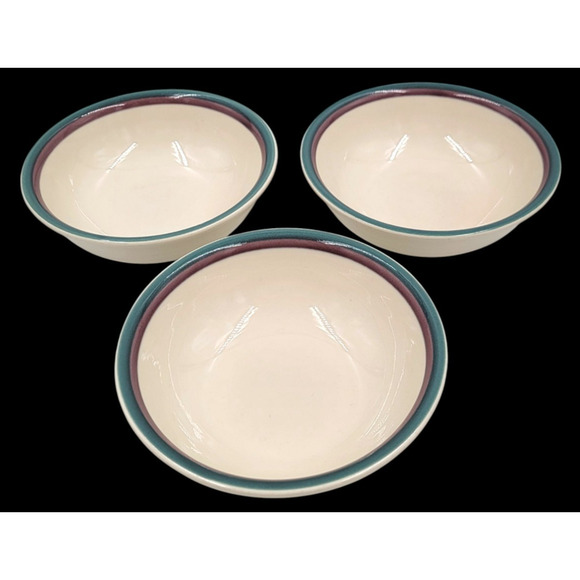 Pfaltzgraff Juniper Ivory Cereal Bowls 6" Green & Plum Band USA Set of 3 - Picture 2 of 6